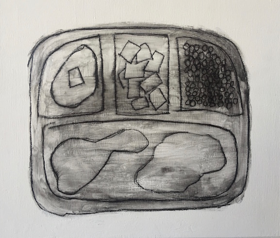 TV dinner, 2016, charcoal et gel medium sur bois, 25 x 30 cm