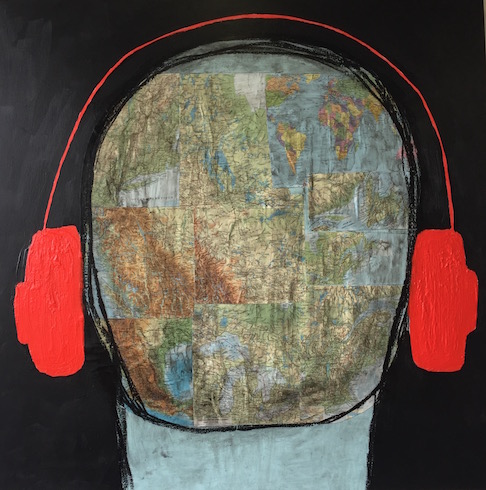 Headphones #12, 2017, collage (Atlas 1983), acrylique et crayons à l'huile sur toile, 92 x 92 cm