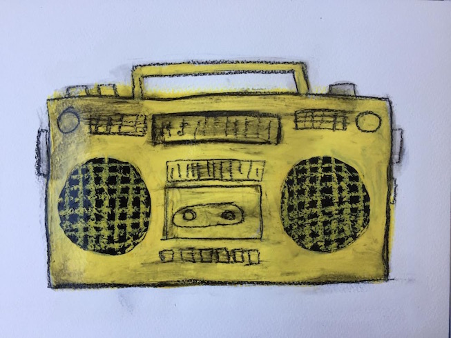 Yellow boom box, 2018, charcoal and acrylic on paper, small work