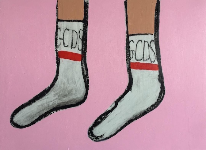 Socks #3, 2018, charcoal and acrylic on wood, 56 x 76 cm